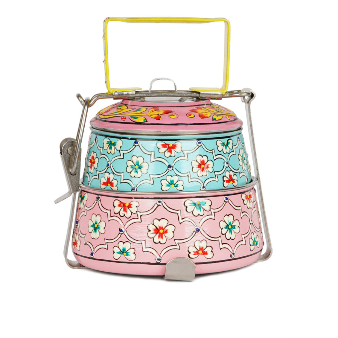 Hand-Painted 2-Tier Stainless Steel Lunch Box – pink Floral Design Eco-Friendly & Artistic Food Carrier